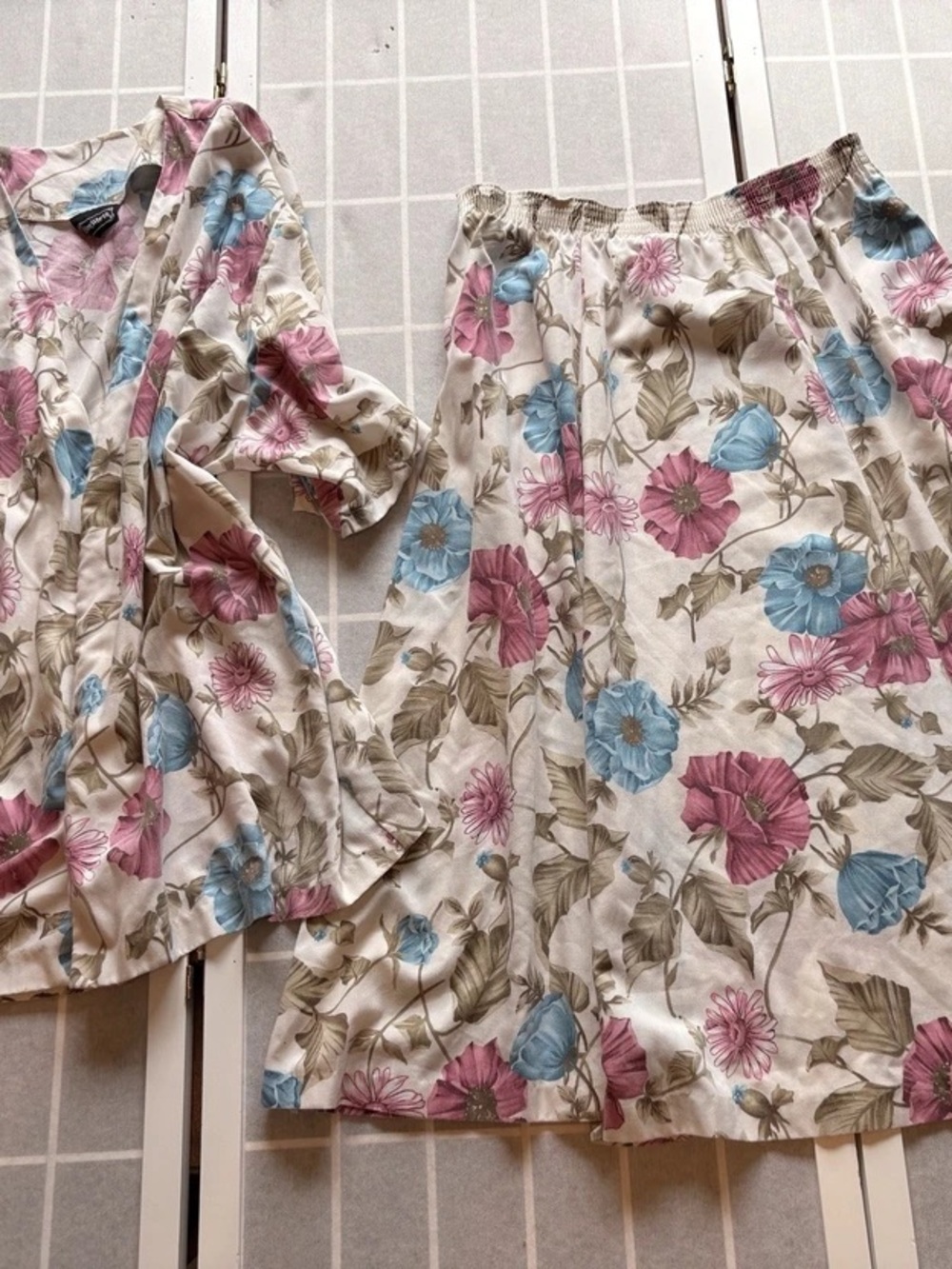BonWorth Floral Cotton Pajama Skirt Set - Pink, Blue & Cream